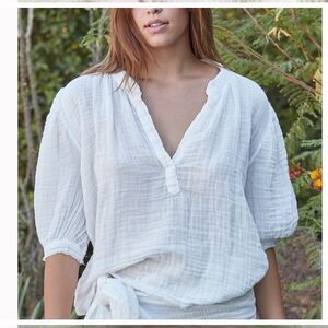 9seed Resort Biarritz Puff Sleeve White Top Crinkle Gauze Cotton Beach Gypsy L